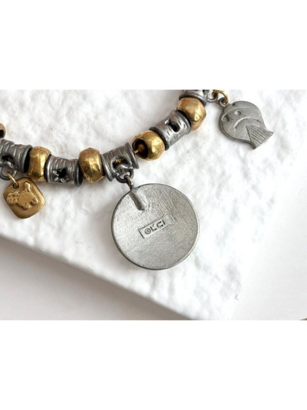 Liz Clairborne Gold & Silver Toned Beaded Terre Earth Medallion Pendant Bracelet - Picture 6 of 16